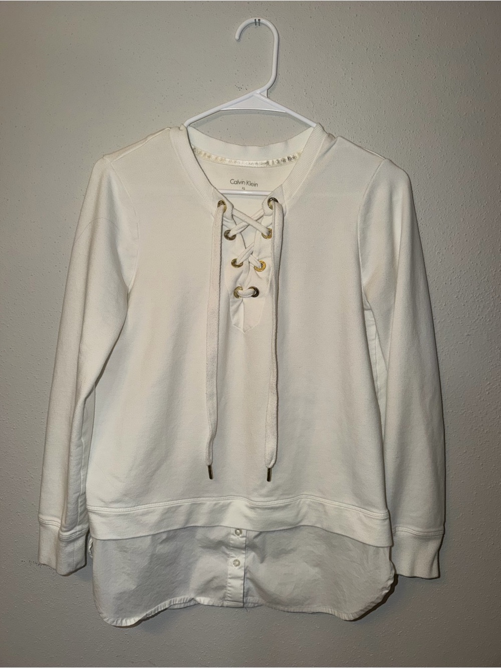 Calvin Klein White Lace-Up Layered Hem Sweatshirt
